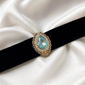 Black Velvet Choker Necklace – Gold Filigree Aqua Teardrop Pendant & Crystal